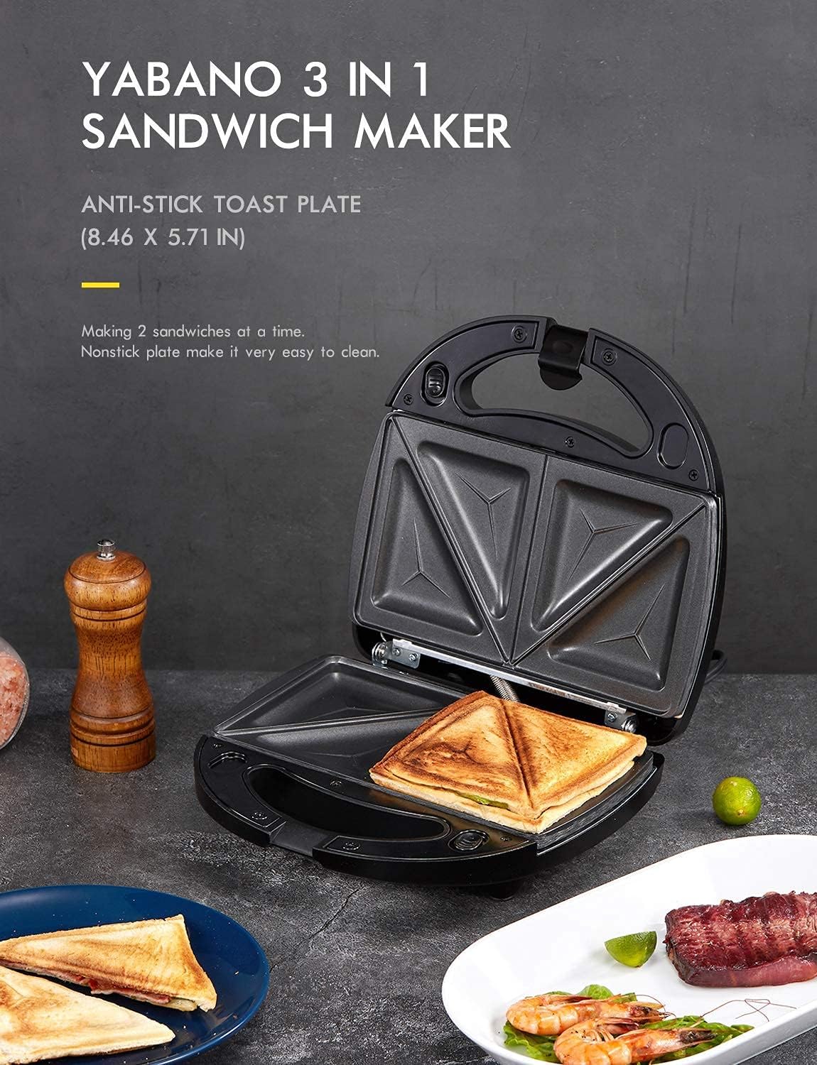 Yabano Sandwiches Toaster 3 in 1 Toastie Makers Waffle Maker Machine & Panini Maker Grill with Detachable Non - Stick Plates, LED Indicator Lights, Cool Touch Handle, Dishwasher Safe, 800W - Amazing Gadgets Outlet