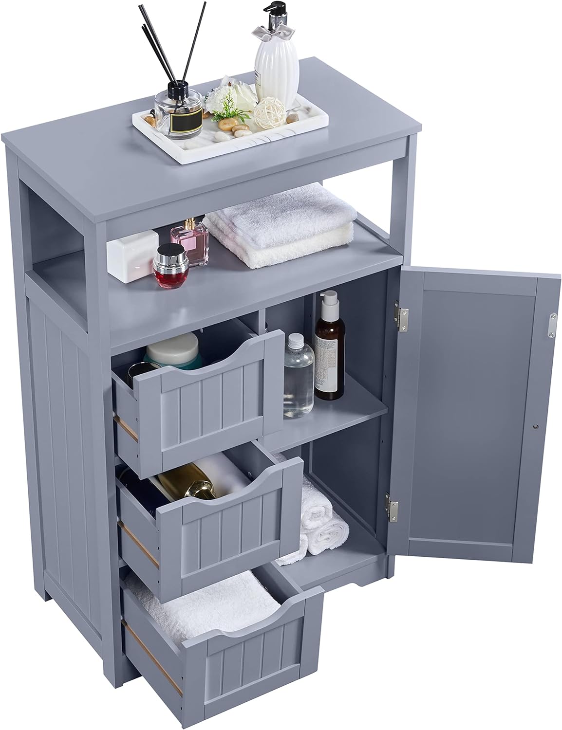 Yaheetech Bathroom Storage Units with Open Storage Shelf Free - standing Floor Cabinets Sideboard with 3 Drawers and 1 Door, Adjustable Shelf for Living Room Kitchen Entryway Gray   Import  Single ASIN  Import  Multiple ASIN ×Product customization - Amazing Gadgets Outlet