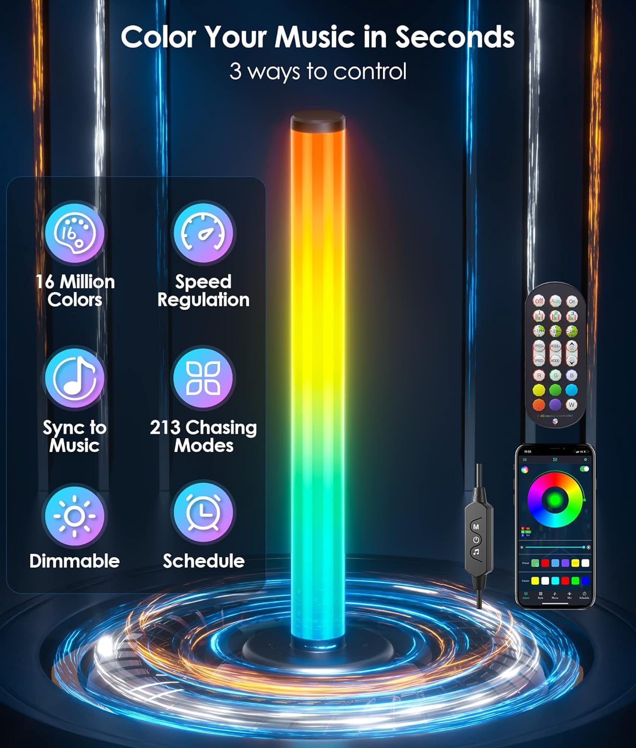 Ydene LED Smart Light Bar, 360°RGB Lights with 16 Mil. Colour, 213 Chase Effect Gaming Lights Sync with Music, TV Ambient Lighting Sound Activated RGB Light Bar for Room Decor, App & Remote Control - Amazing Gadgets Outlet