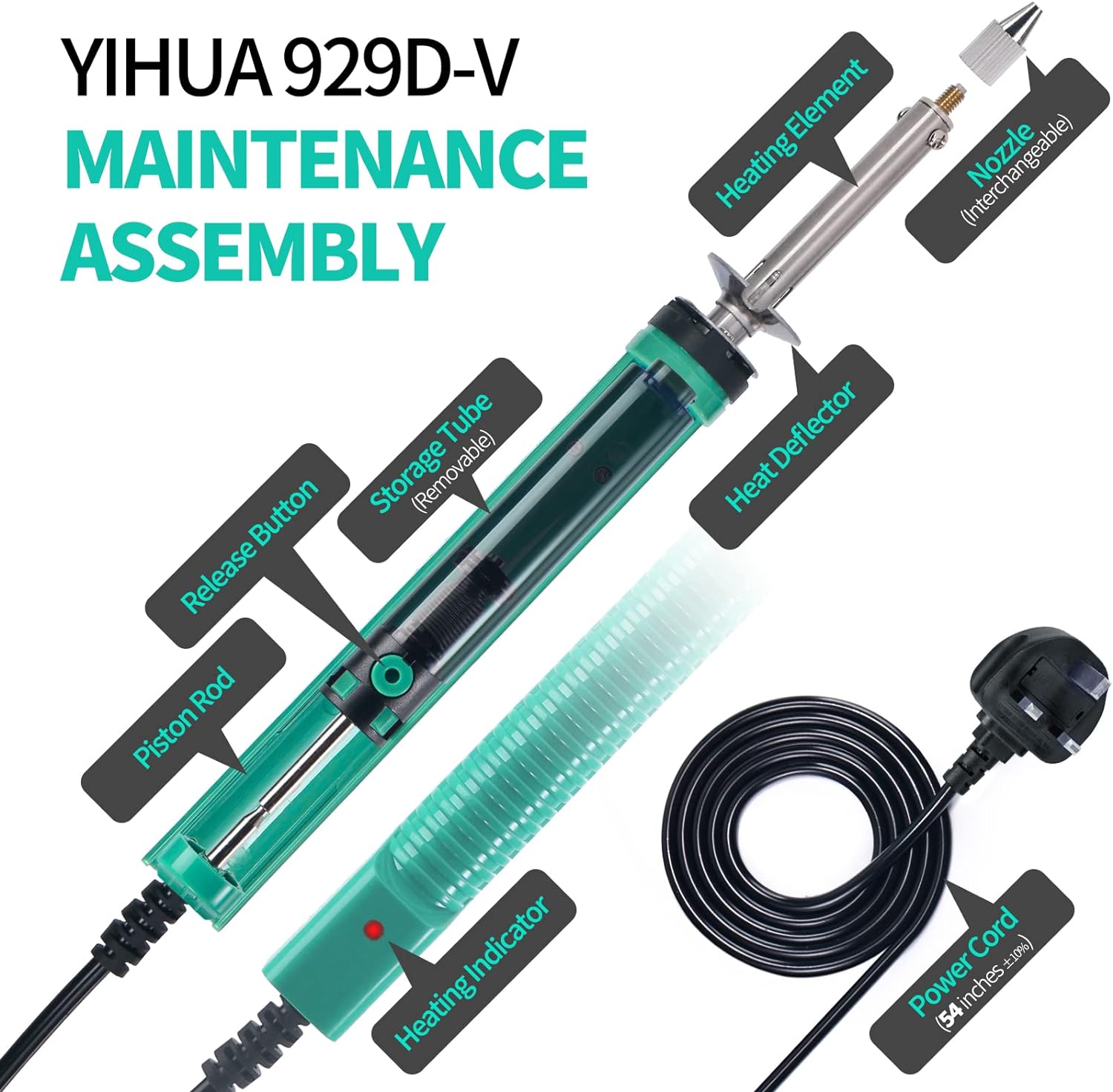 YIHUA 929D - V Electric Vacuum Desoldering Iron Soldering Iron Kit Solder Sucker Desoldering Pump with Shorter Charging Handle and Desoldering Nozzles 1.0mm 1.2mm for Through - Hole Desoldering(UK Plug) - Amazing Gadgets Outlet