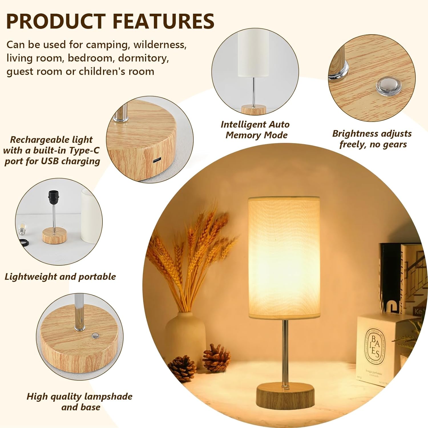 YOIZO Cordless Table Lamp - Rechargeable 5000mAh Battery Touch Control Bedside Lamp with Brightness Memory Function, Portable Stepless Dimmable Desk Lamp for Home, Bedroom, Indoor & Outdoor - Wood - Amazing Gadgets Outlet