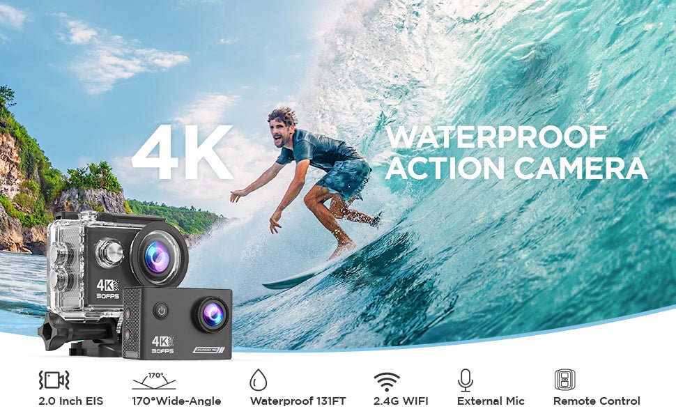 Yolansin 4K30FPS Action Camera with 64GB SD Card, Pre - recording 20MP Underwater Camera, 131FT Waterproof Cameras,2.4G Remote Control 170°Sports Camera, 2 Batteries Helmet Accessories Kit - Amazing Gadgets Outlet