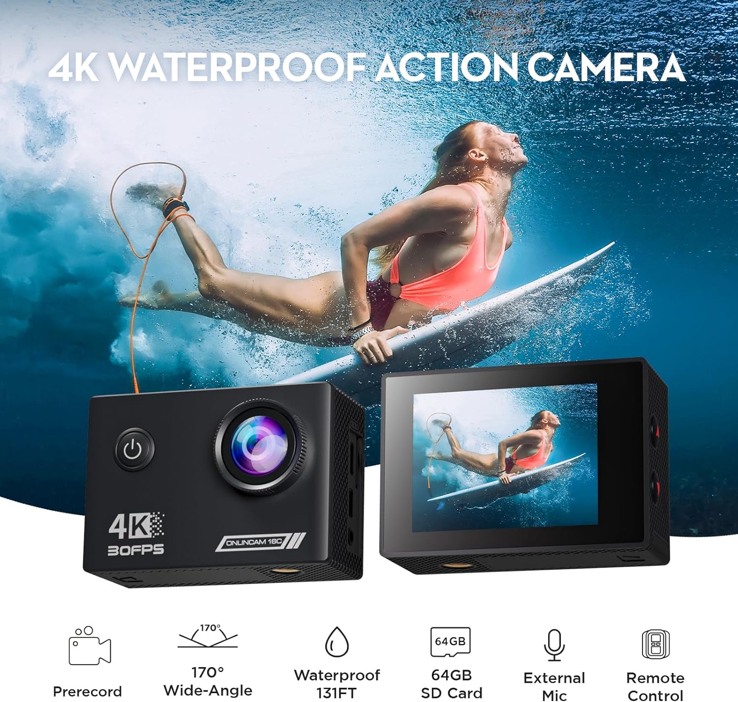 Yolansin 4K30FPS Action Camera with 64GB SD Card, Pre - recording 20MP Underwater Camera, 131FT Waterproof Cameras,2.4G Remote Control 170°Sports Camera, 2 Batteries Helmet Accessories Kit - Amazing Gadgets Outlet