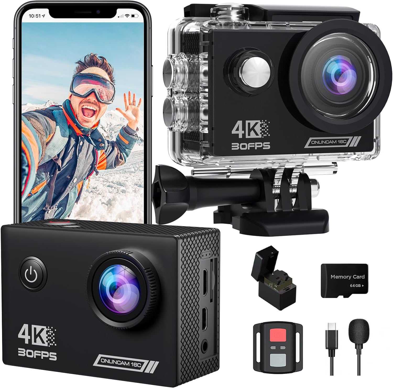 Yolansin 4K30FPS Action Camera with 64GB SD Card, Pre - recording 20MP Underwater Camera, 131FT Waterproof Cameras,2.4G Remote Control 170°Sports Camera, 2 Batteries Helmet Accessories Kit - Amazing Gadgets Outlet