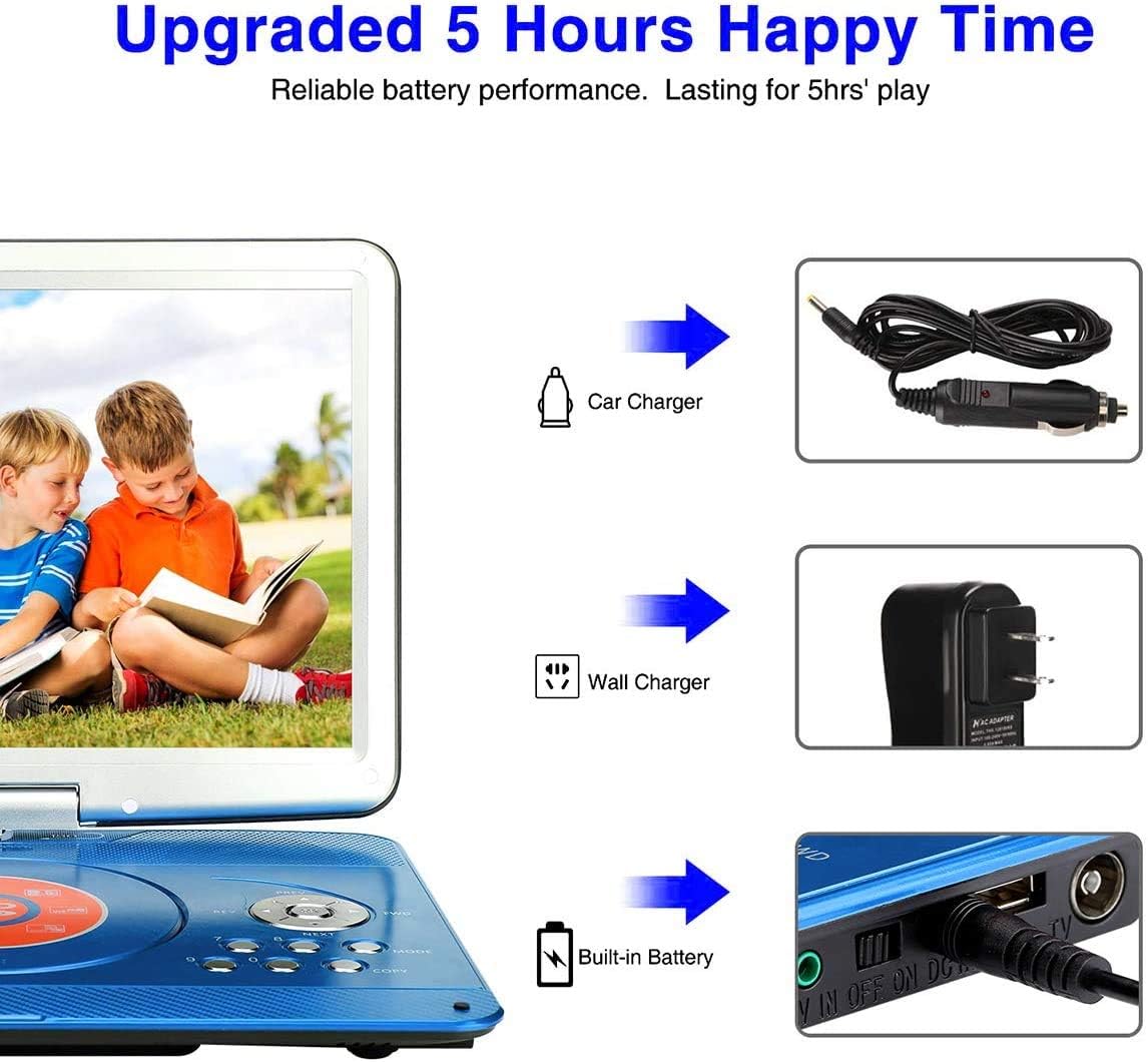 YOOHOO 16.9'' Portable DVD Player with 14.1'' Large Swivel Screen, DVD Player Portable with 6Hrs Rechargeable Battery,Mobile DVD Player for Kids,Sync TV, Support USB SD Card with Car Charger(Blue) - Amazing Gadgets Outlet