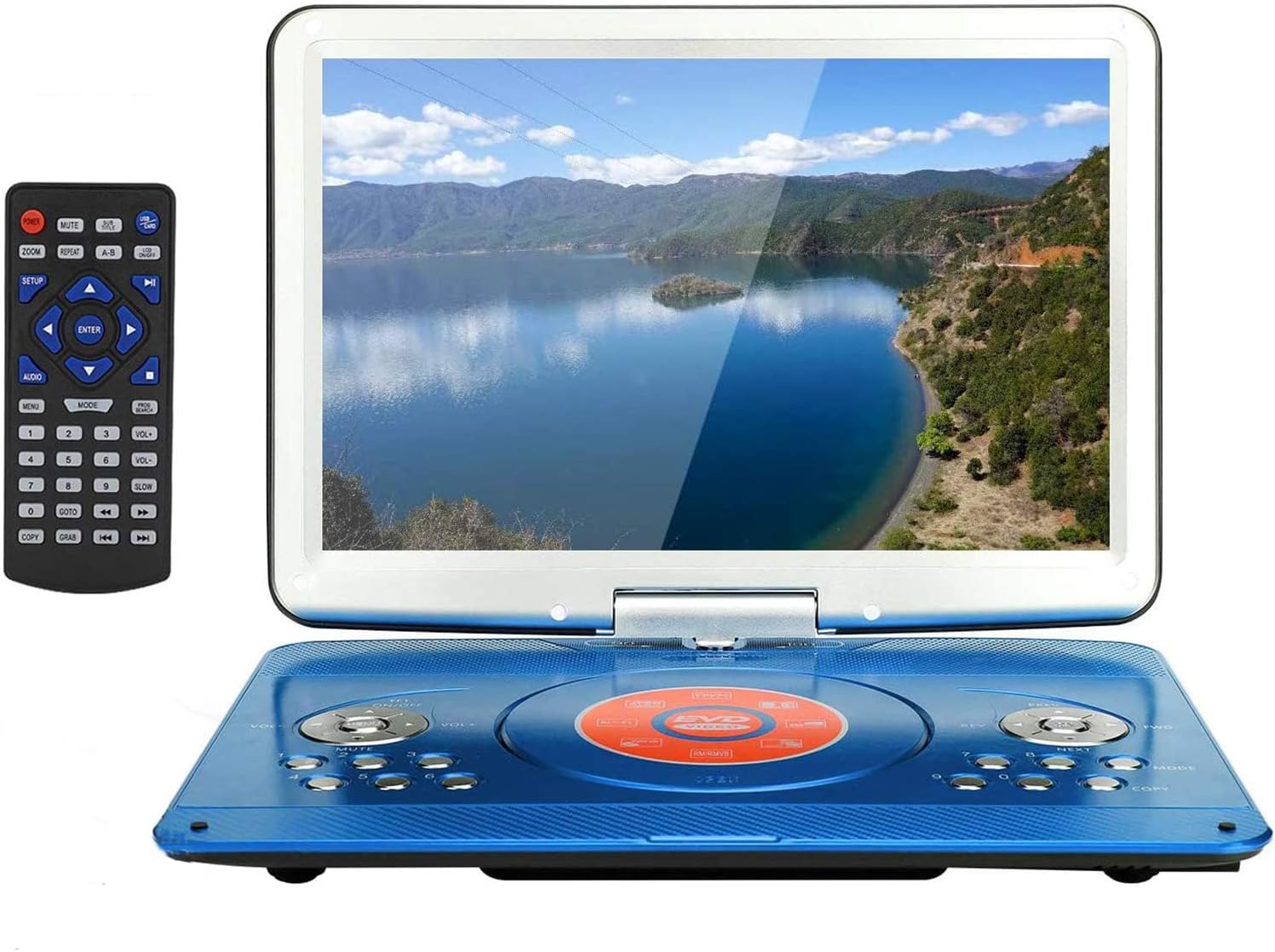 YOOHOO 16.9'' Portable DVD Player with 14.1'' Large Swivel Screen, DVD Player Portable with 6Hrs Rechargeable Battery,Mobile DVD Player for Kids,Sync TV, Support USB SD Card with Car Charger(Blue) - Amazing Gadgets Outlet