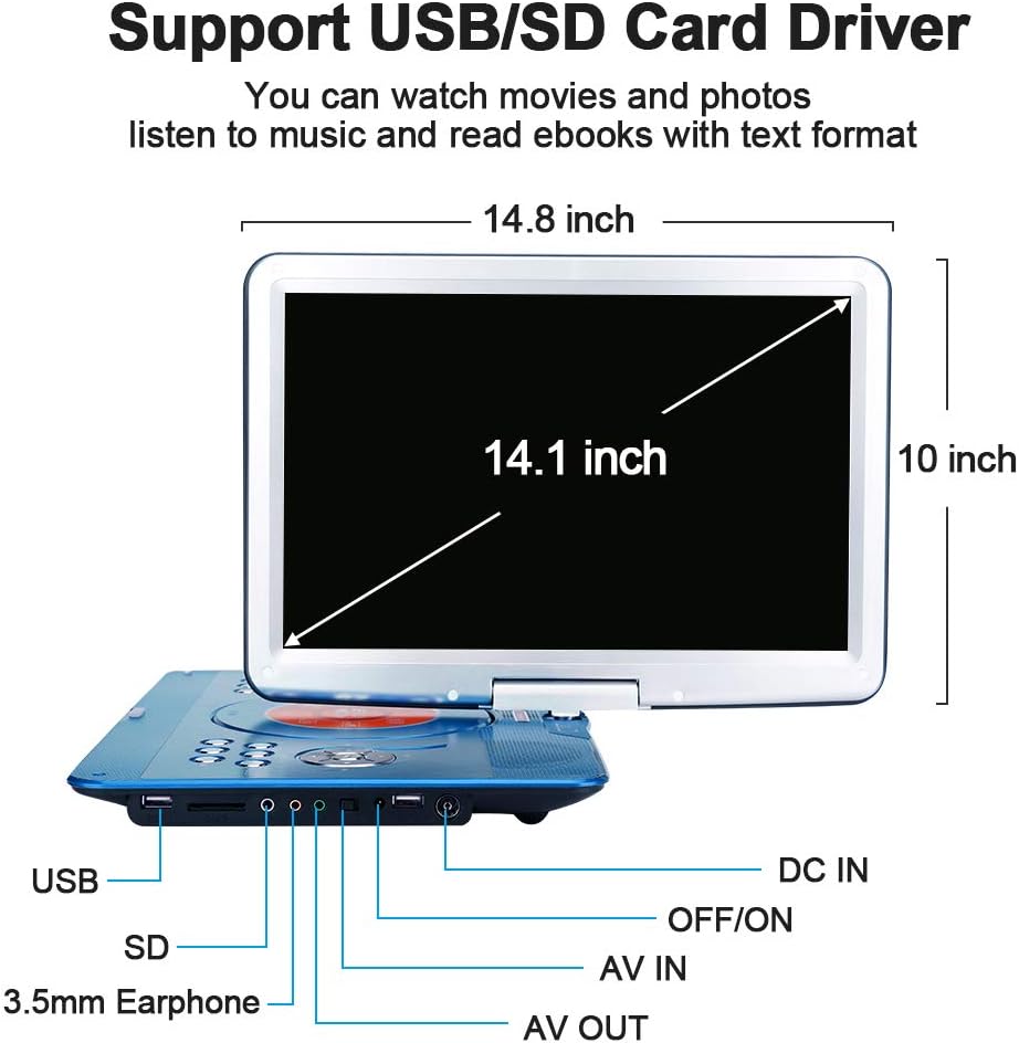 YOOHOO 16.9'' Portable DVD Player with 14.1'' Large Swivel Screen, DVD Player Portable with 6Hrs Rechargeable Battery,Mobile DVD Player for Kids,Sync TV, Support USB SD Card with Car Charger(Blue) - Amazing Gadgets Outlet