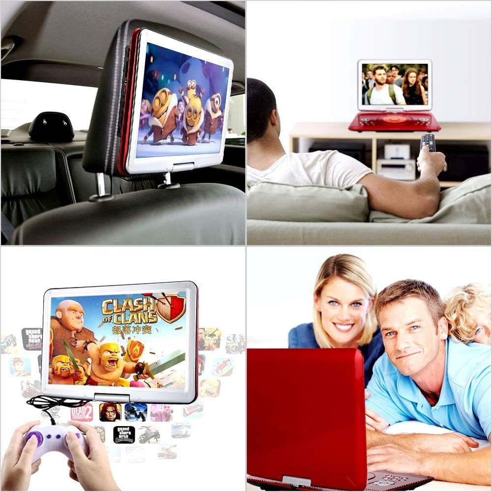 YOOHOO 16.9” Portable DVD Players with 14.1” Swivel Large LCD Screen Travel DVD Players for Kids Rechargeable Car Adapter Support USB SD Card, AV IN/OUT Remote Control, Red - Amazing Gadgets Outlet