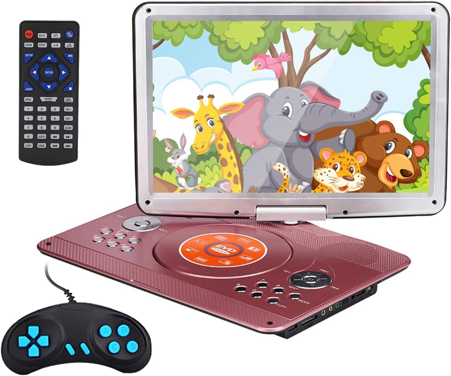 YOOHOO 16.9” Portable DVD Players with 14.1” Swivel Large LCD Screen Travel DVD Players for Kids Rechargeable Car Adapter Support USB SD Card, AV IN/OUT Remote Control, Red - Amazing Gadgets Outlet