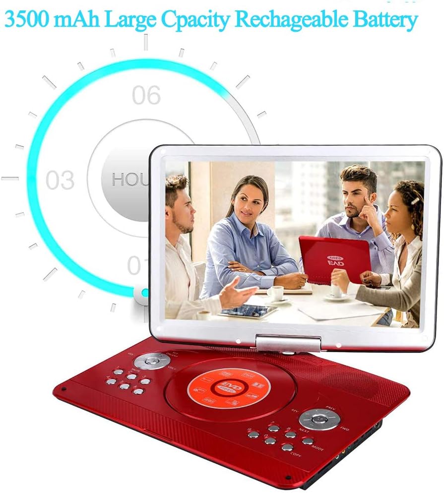 YOOHOO 16.9” Portable DVD Players with 14.1” Swivel Large LCD Screen Travel DVD Players for Kids Rechargeable Car Adapter Support USB SD Card, AV IN/OUT Remote Control, Red - Amazing Gadgets Outlet