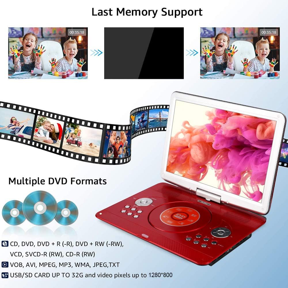 YOOHOO 16.9” Portable DVD Players with 14.1” Swivel Large LCD Screen Travel DVD Players for Kids Rechargeable Car Adapter Support USB SD Card, AV IN/OUT Remote Control, Red - Amazing Gadgets Outlet