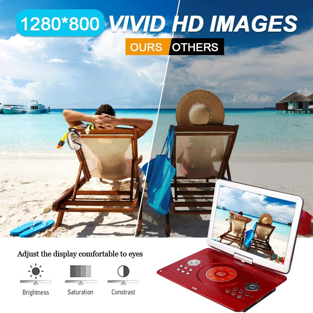 YOOHOO 16.9” Portable DVD Players with 14.1” Swivel Large LCD Screen Travel DVD Players for Kids Rechargeable Car Adapter Support USB SD Card, AV IN/OUT Remote Control, Red - Amazing Gadgets Outlet