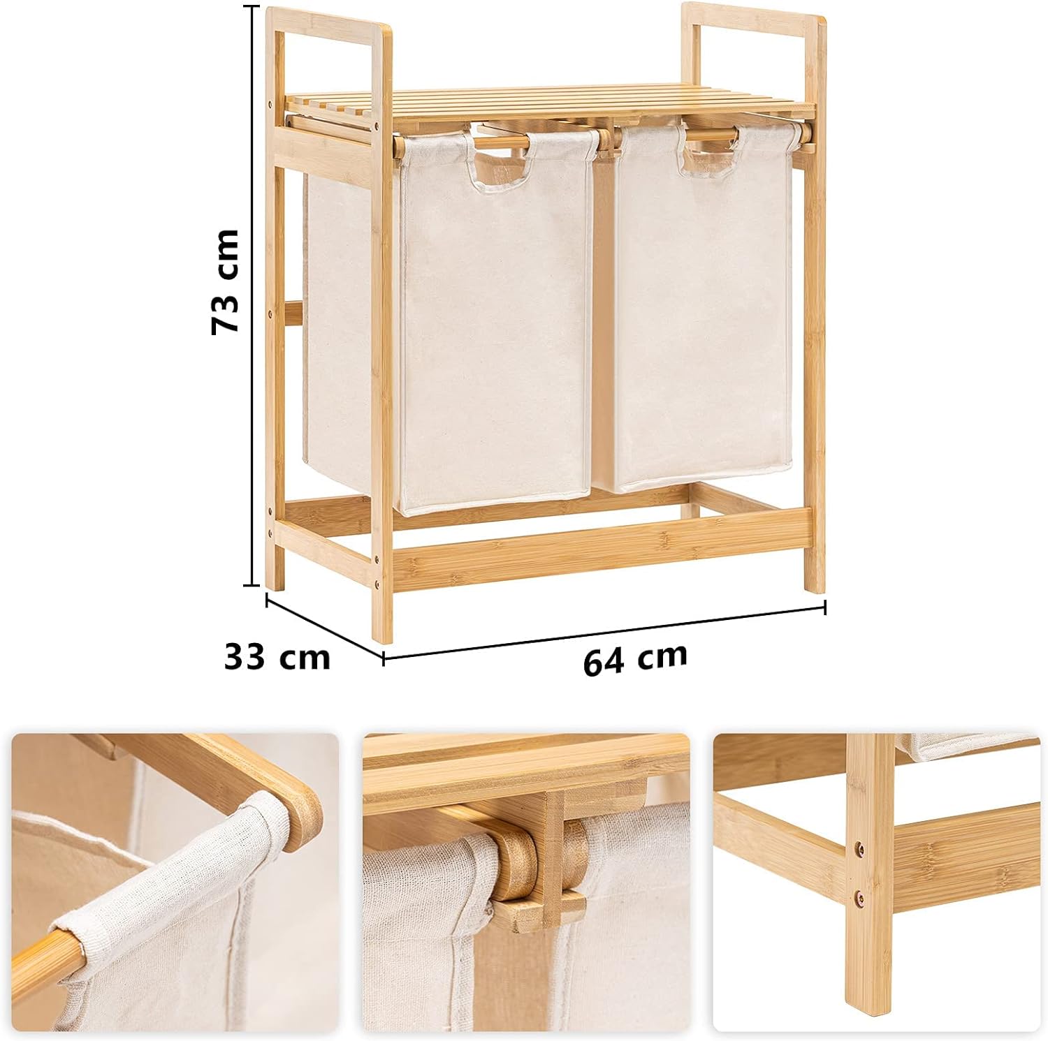 YOUDENOVA Bamboo Laundry Basket with 2 Collapsible Pull - Out Laundry Bags Storage Organizer Laundry Hamper for Bedroom Bathroom or Laundry Room 73 x 64 x 33 cm Beige - Amazing Gadgets Outlet