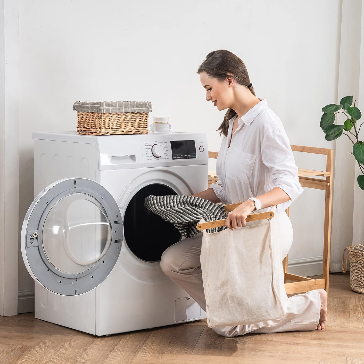 YOUDENOVA Bamboo Laundry Basket with 2 Collapsible Pull - Out Laundry Bags Storage Organizer Laundry Hamper for Bedroom Bathroom or Laundry Room 73 x 64 x 33 cm Beige - Amazing Gadgets Outlet