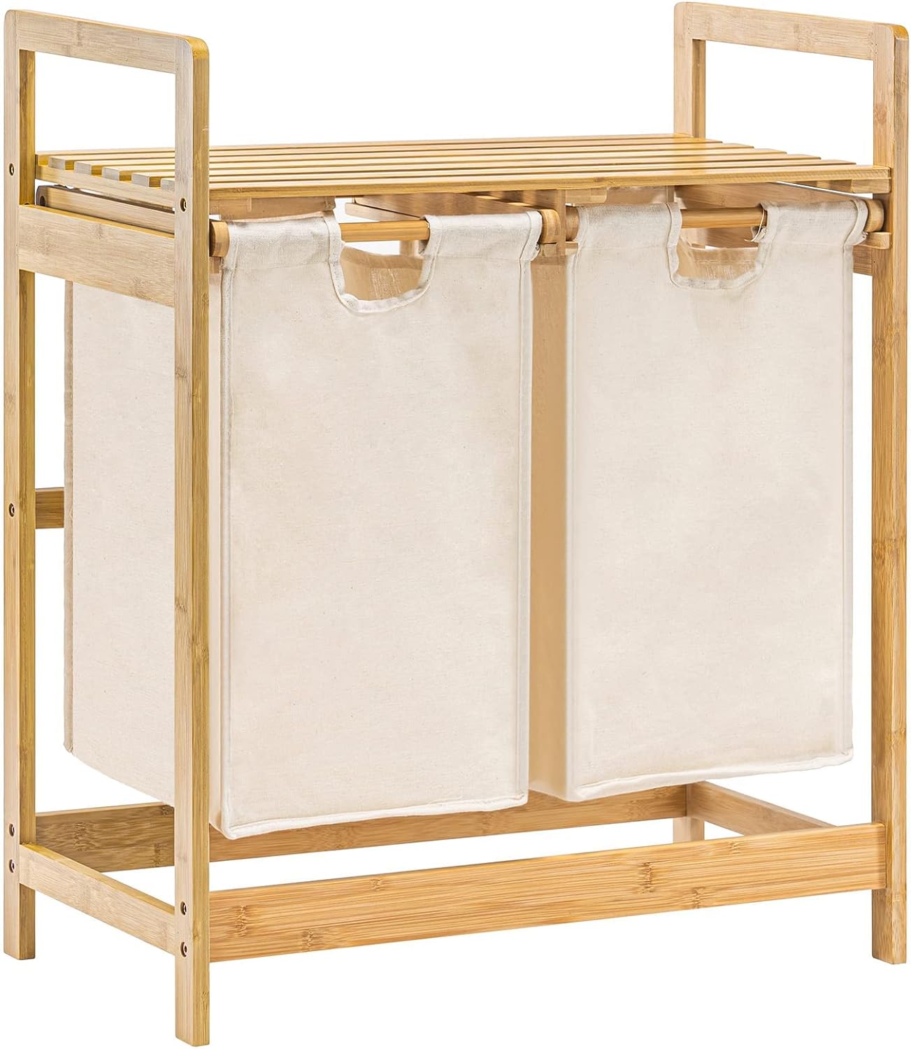 YOUDENOVA Bamboo Laundry Basket with 2 Collapsible Pull - Out Laundry Bags Storage Organizer Laundry Hamper for Bedroom Bathroom or Laundry Room 73 x 64 x 33 cm Beige - Amazing Gadgets Outlet