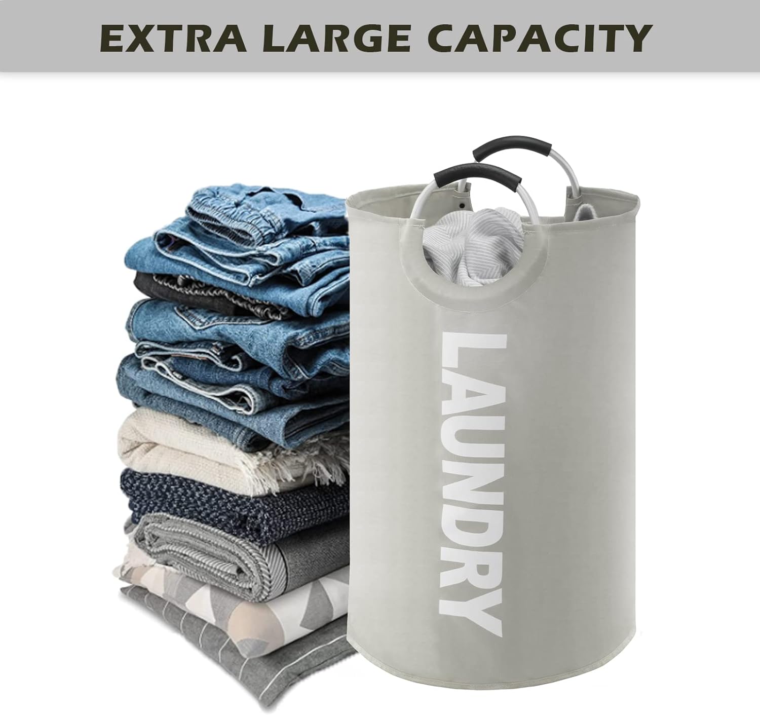 YOUDENOVA Laundry Basket Bag Collapsible 82L Washing Basket Fabric Foldable Large Laundry Hamper for Bedroom Light Grey - Amazing Gadgets Outlet