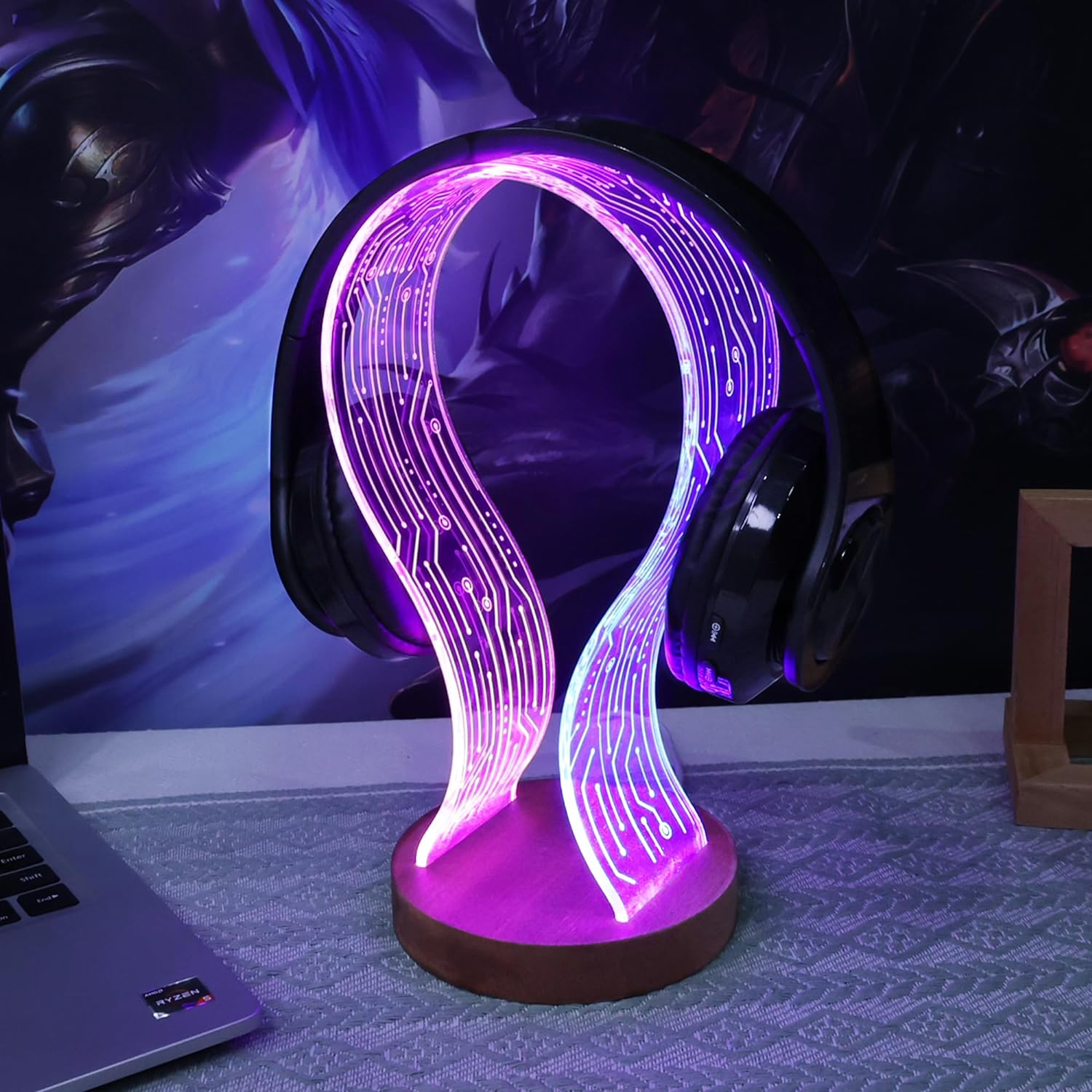 YuanDian Headphone Stand, Wood Headset Holder with Blue Pink LED Night Light for Gamers, Men, and Music Lovers - Perfect Desk Gift Idea - Amazing Gadgets Outlet