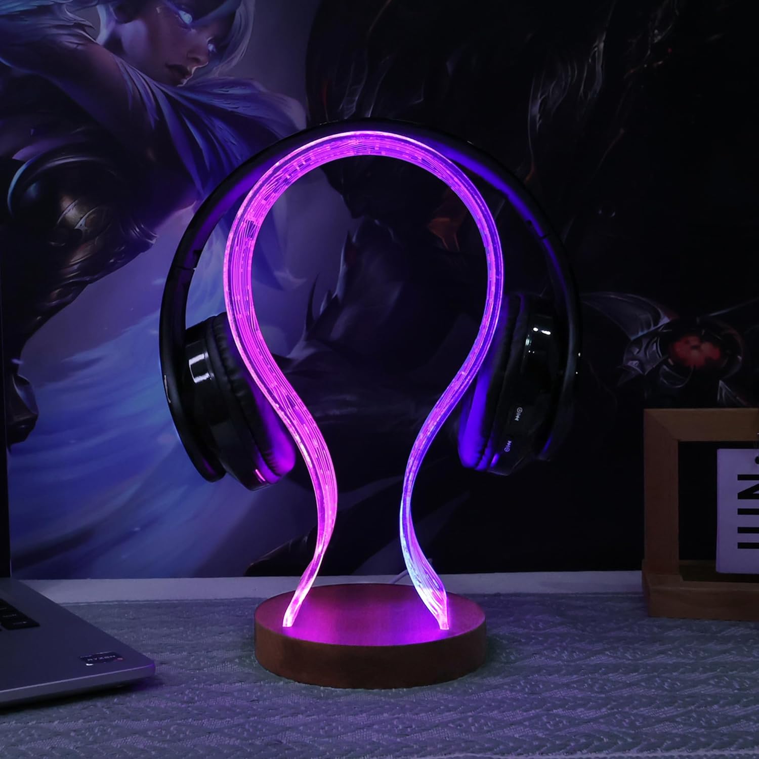 YuanDian Headphone Stand, Wood Headset Holder with Blue Pink LED Night Light for Gamers, Men, and Music Lovers - Perfect Desk Gift Idea - Amazing Gadgets Outlet