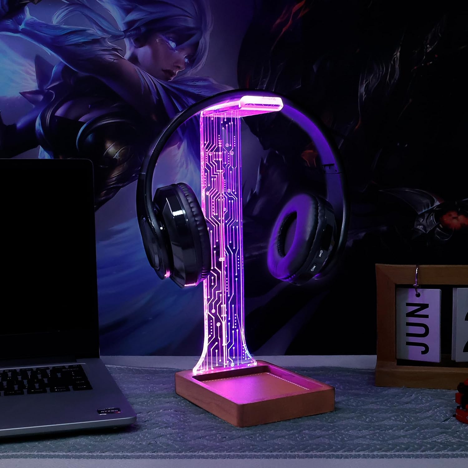 YuanDian Headphone Stand, Wood Headset Holder with Blue Pink LED Night Light for Gamers, Men, and Music Lovers - Perfect Desk Gift Idea - Amazing Gadgets Outlet