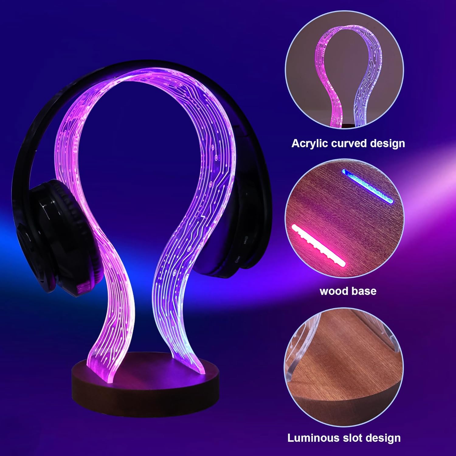 YuanDian Headphone Stand, Wood Headset Holder with Blue Pink LED Night Light for Gamers, Men, and Music Lovers - Perfect Desk Gift Idea - Amazing Gadgets Outlet