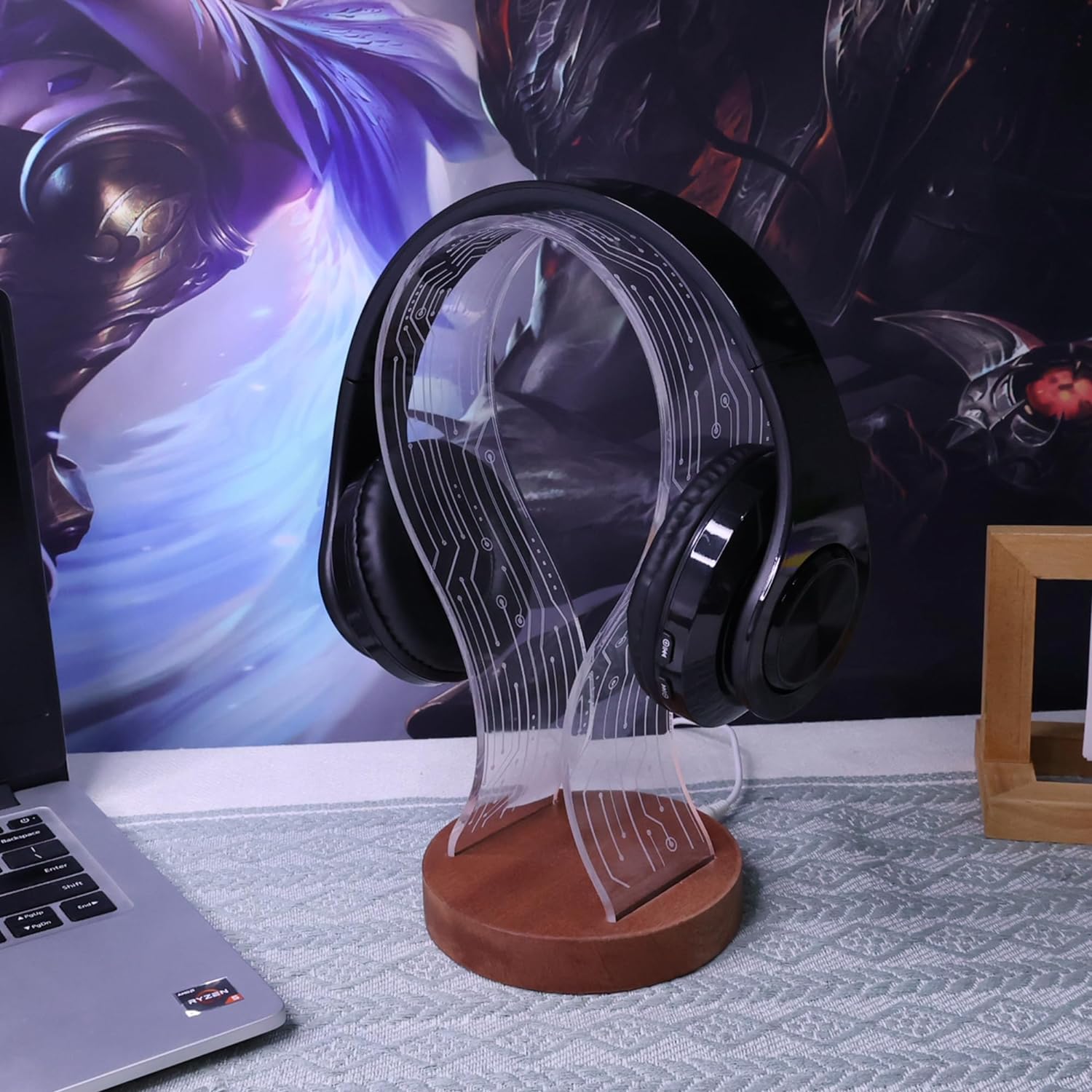 YuanDian Headphone Stand, Wood Headset Holder with Blue Pink LED Night Light for Gamers, Men, and Music Lovers - Perfect Desk Gift Idea - Amazing Gadgets Outlet