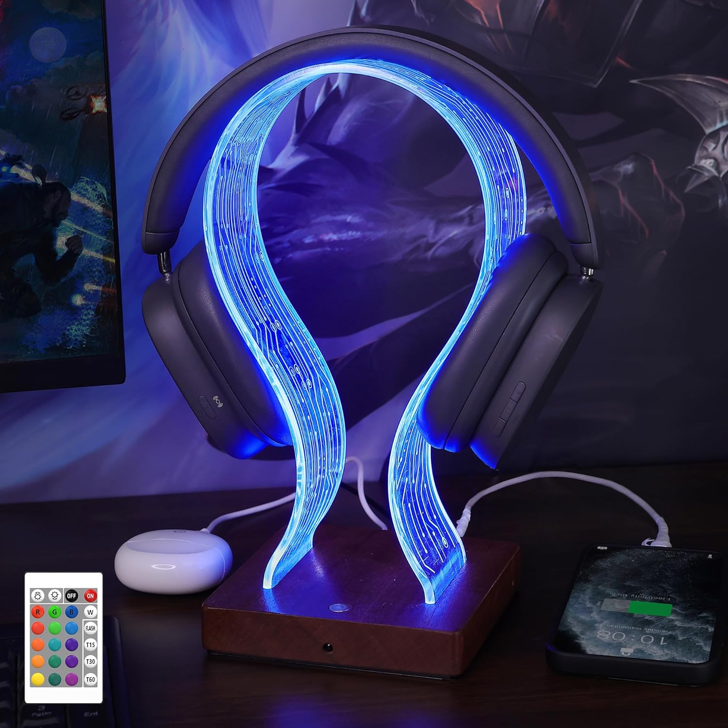 YuanDian Headphone Stand, Wood Headset Holder with Blue Pink LED Night Light for Gamers, Men, and Music Lovers - Perfect Desk Gift Idea - Amazing Gadgets Outlet