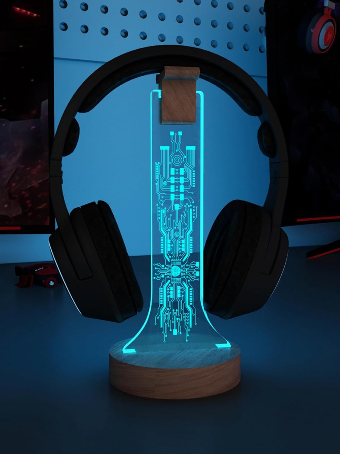 YuanDian Headphone Stand, Wood Headset Holder with Blue Pink LED Night Light for Gamers, Men, and Music Lovers - Perfect Desk Gift Idea - Amazing Gadgets Outlet