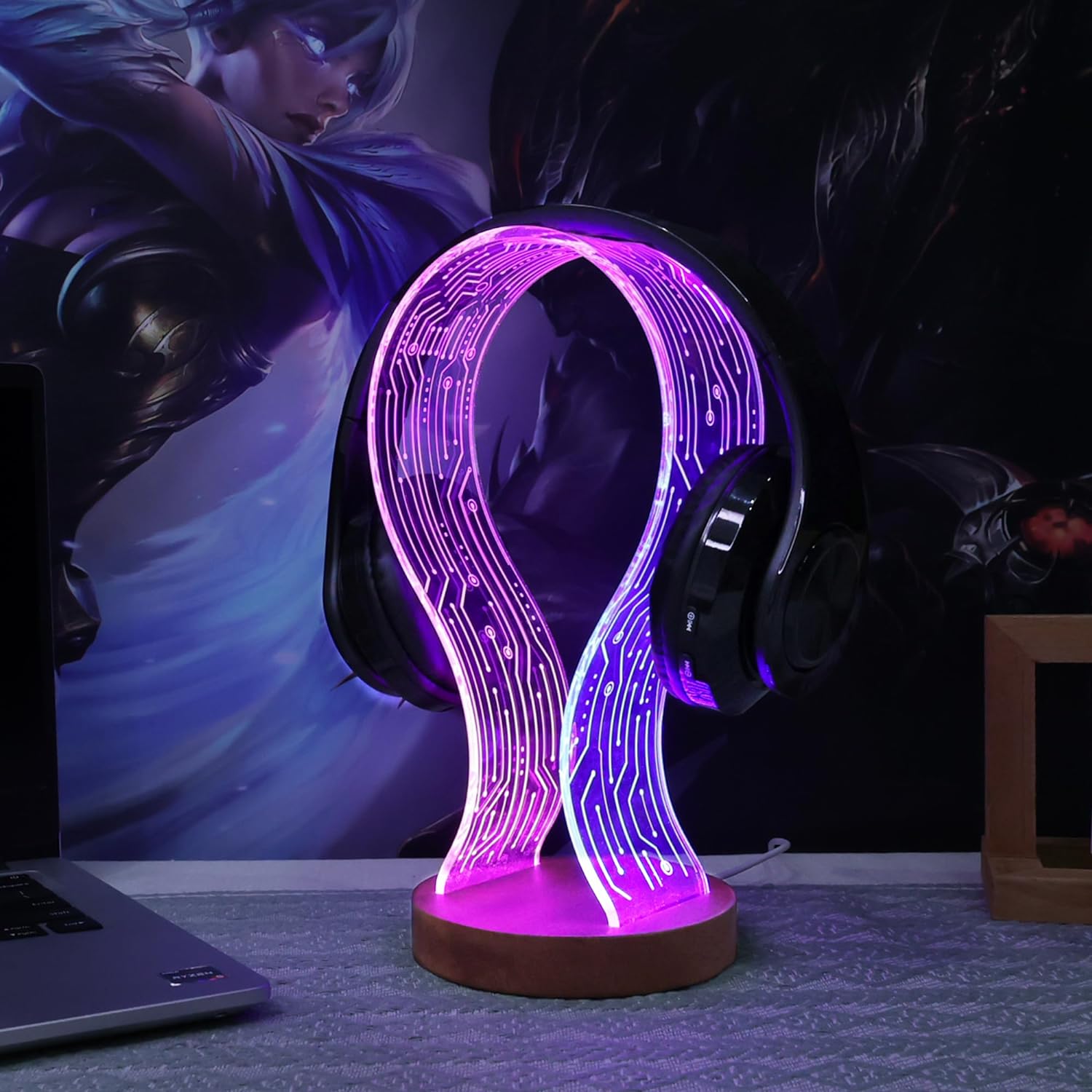 YuanDian Headphone Stand, Wood Headset Holder with Blue Pink LED Night Light for Gamers, Men, and Music Lovers - Perfect Desk Gift Idea - Amazing Gadgets Outlet