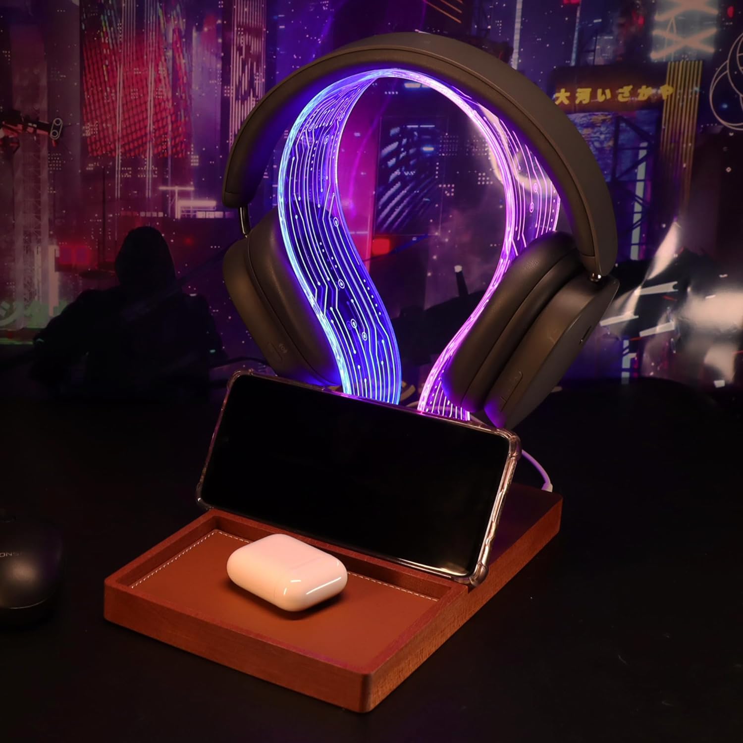 YuanDian Headphone Stand, Wood Headset Holder with Blue Pink LED Night Light for Gamers, Men, and Music Lovers - Perfect Desk Gift Idea - Amazing Gadgets Outlet