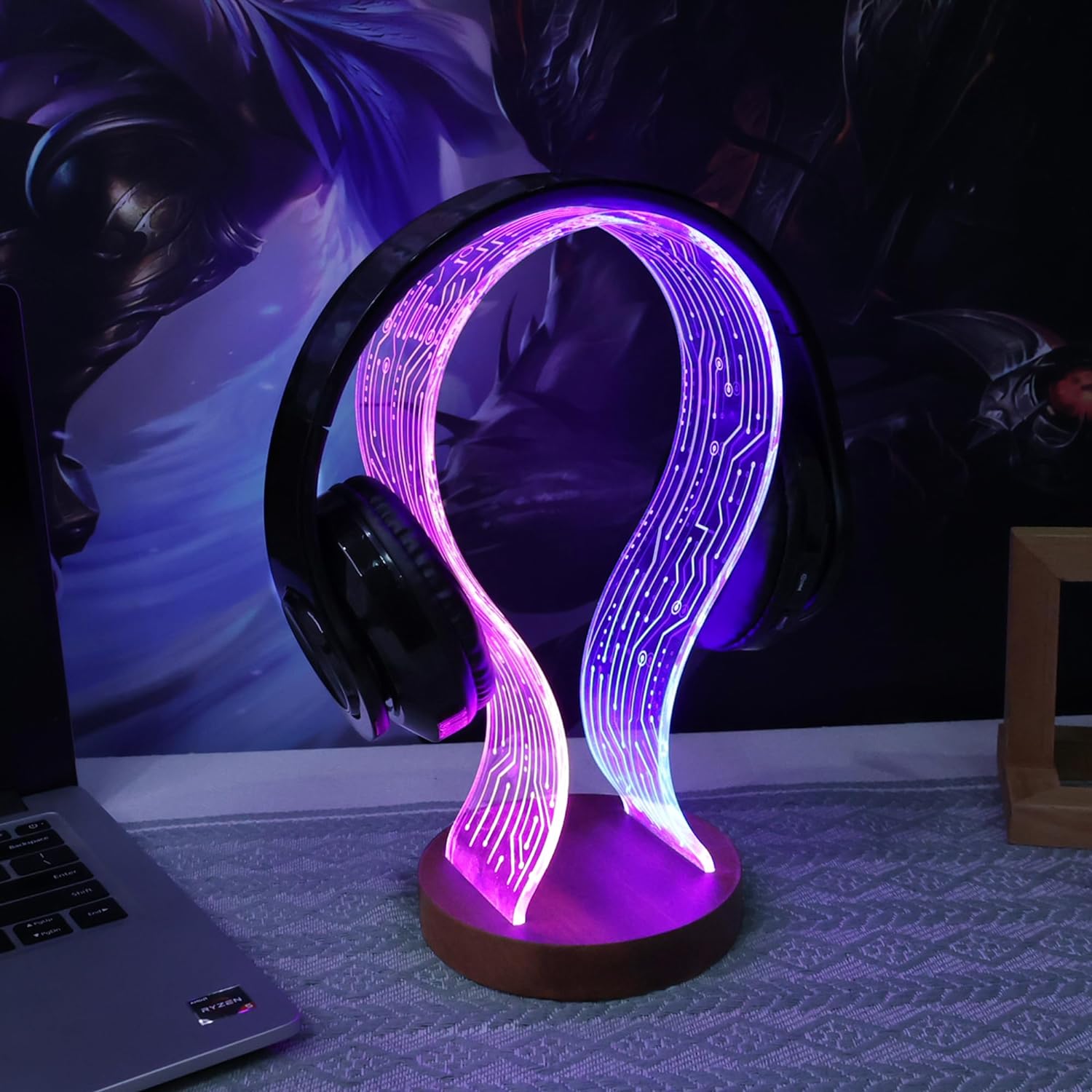 YuanDian Headphone Stand, Wood Headset Holder with Blue Pink LED Night Light for Gamers, Men, and Music Lovers - Perfect Desk Gift Idea - Amazing Gadgets Outlet