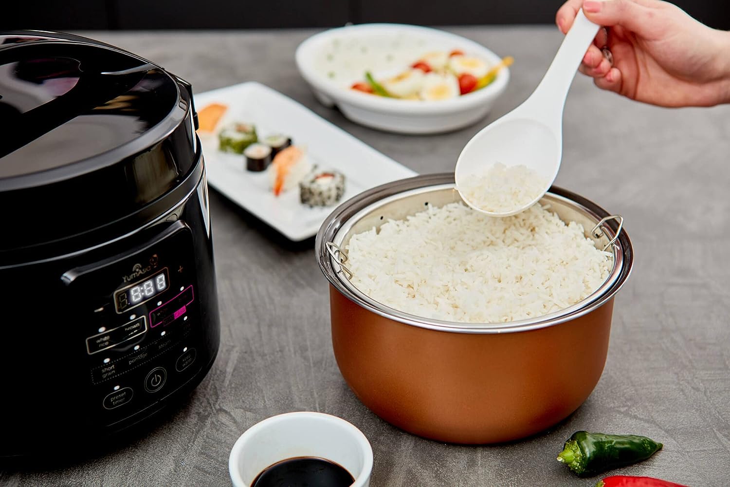 Yum Asia Kumo YumCarb Rice Cooker with Ceramic Bowl and Advanced Fuzzy Logic, (5.5 cup, 1 litre), 5 Rice Cooking Functions, 3 Multicooker Functions, 220 - 240V UK/EU Power (Dark Stainless Steel) - Amazing Gadgets Outlet