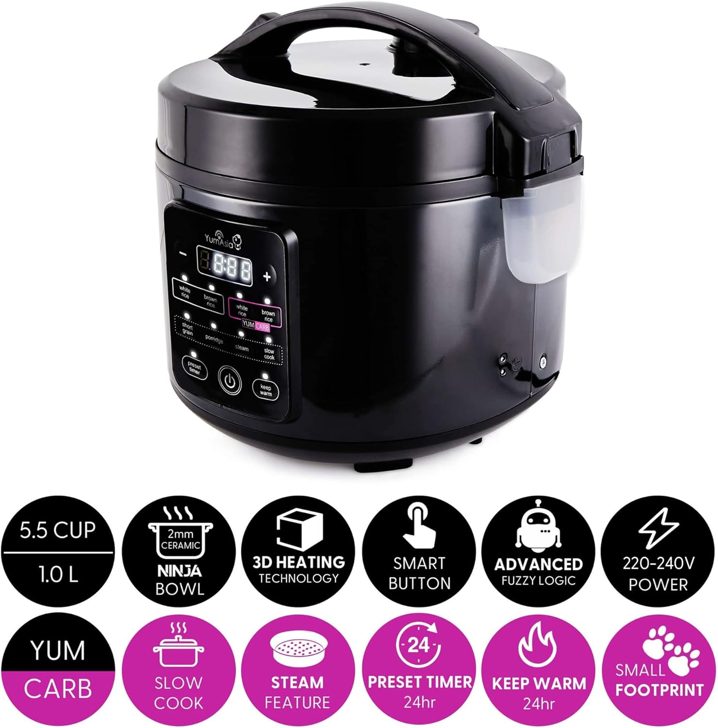 Yum Asia Kumo YumCarb Rice Cooker with Ceramic Bowl and Advanced Fuzzy Logic, (5.5 cup, 1 litre), 5 Rice Cooking Functions, 3 Multicooker Functions, 220 - 240V UK/EU Power (Dark Stainless Steel) - Amazing Gadgets Outlet