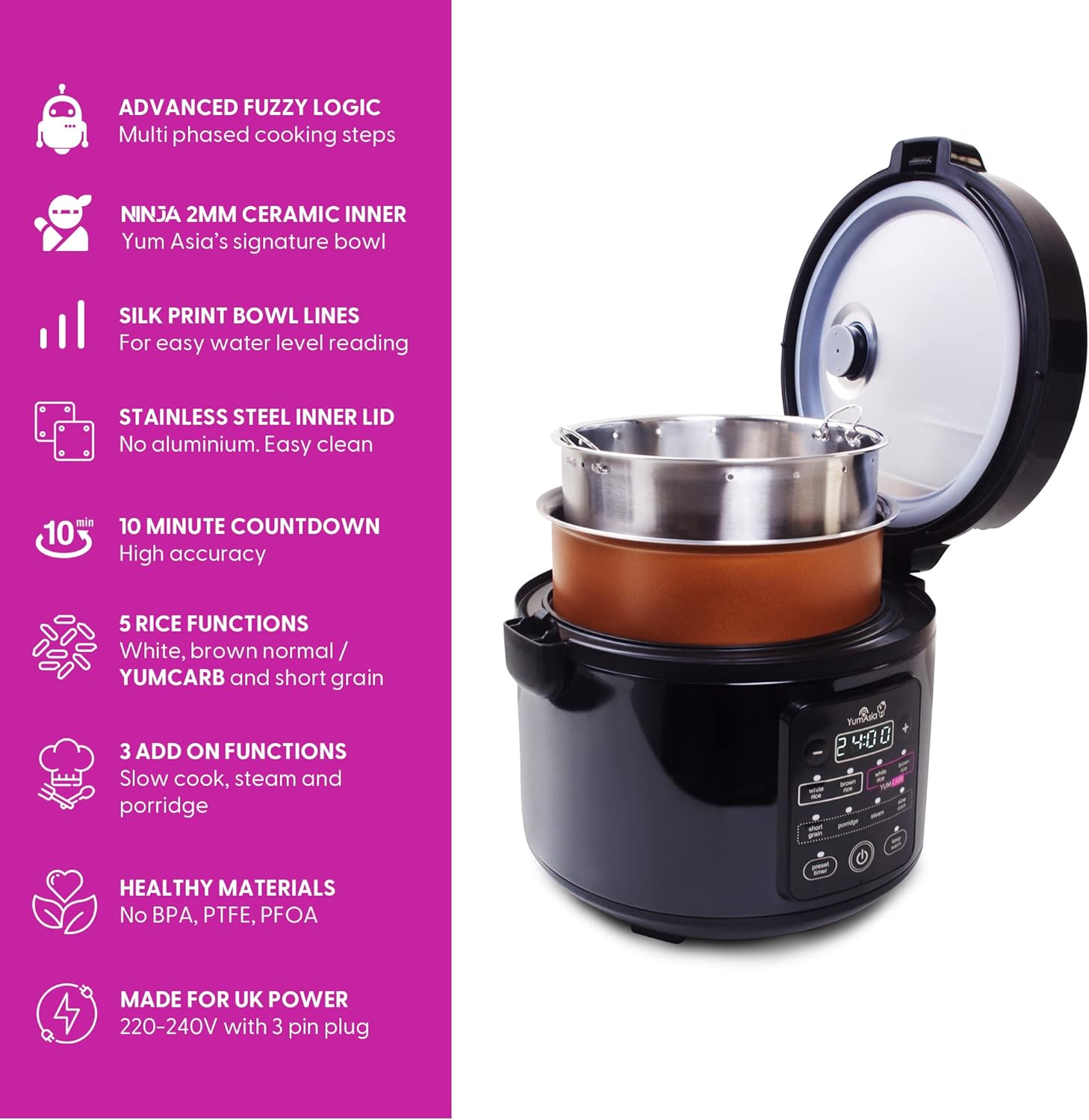 Yum Asia Kumo YumCarb Rice Cooker with Ceramic Bowl and Advanced Fuzzy Logic, (5.5 cup, 1 litre), 5 Rice Cooking Functions, 3 Multicooker Functions, 220 - 240V UK/EU Power (Dark Stainless Steel) - Amazing Gadgets Outlet