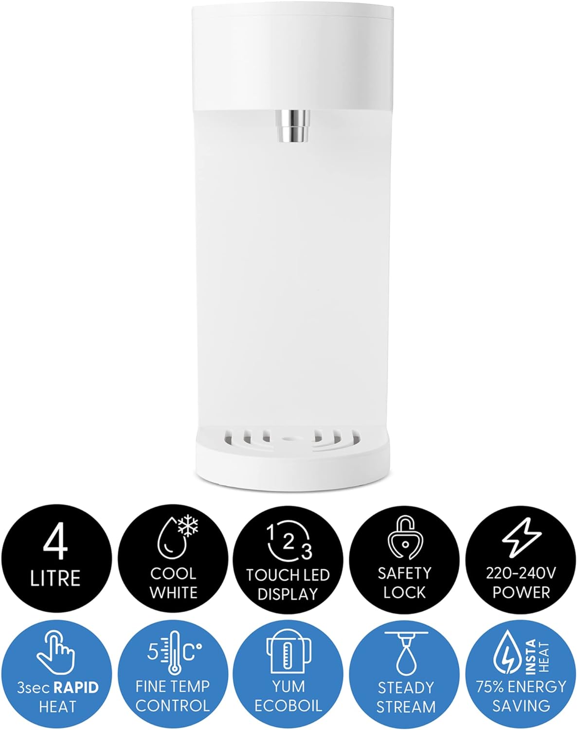 Yum Asia Oyu Digital Instant Hot Water Dispenser with white 'Hidden Under' LED touch display, 4 Litre capacity, Ecoboil, InstaHEAT technology, 220 - 240V UK/EU Power - Amazing Gadgets Outlet