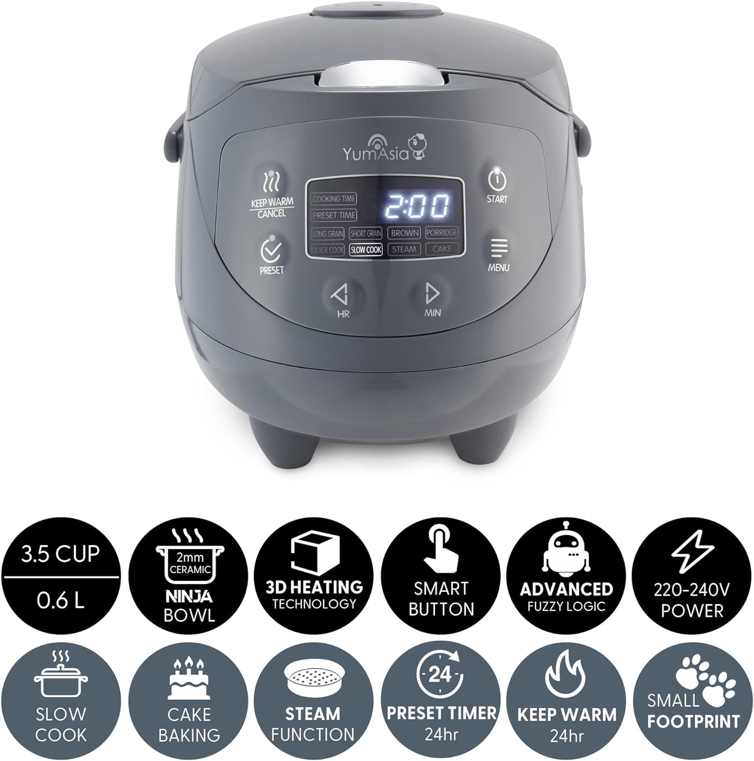 Yum Asia Panda Mini Rice Cooker With Ninja Ceramic Bowl and Advanced Fuzzy Logic (3.5 cup, 0.63 litre) 4 Rice Cooking Functions, 4 Multicooker functions, LED display, 220 - 240V (Cobalt Grey) - Amazing Gadgets Outlet