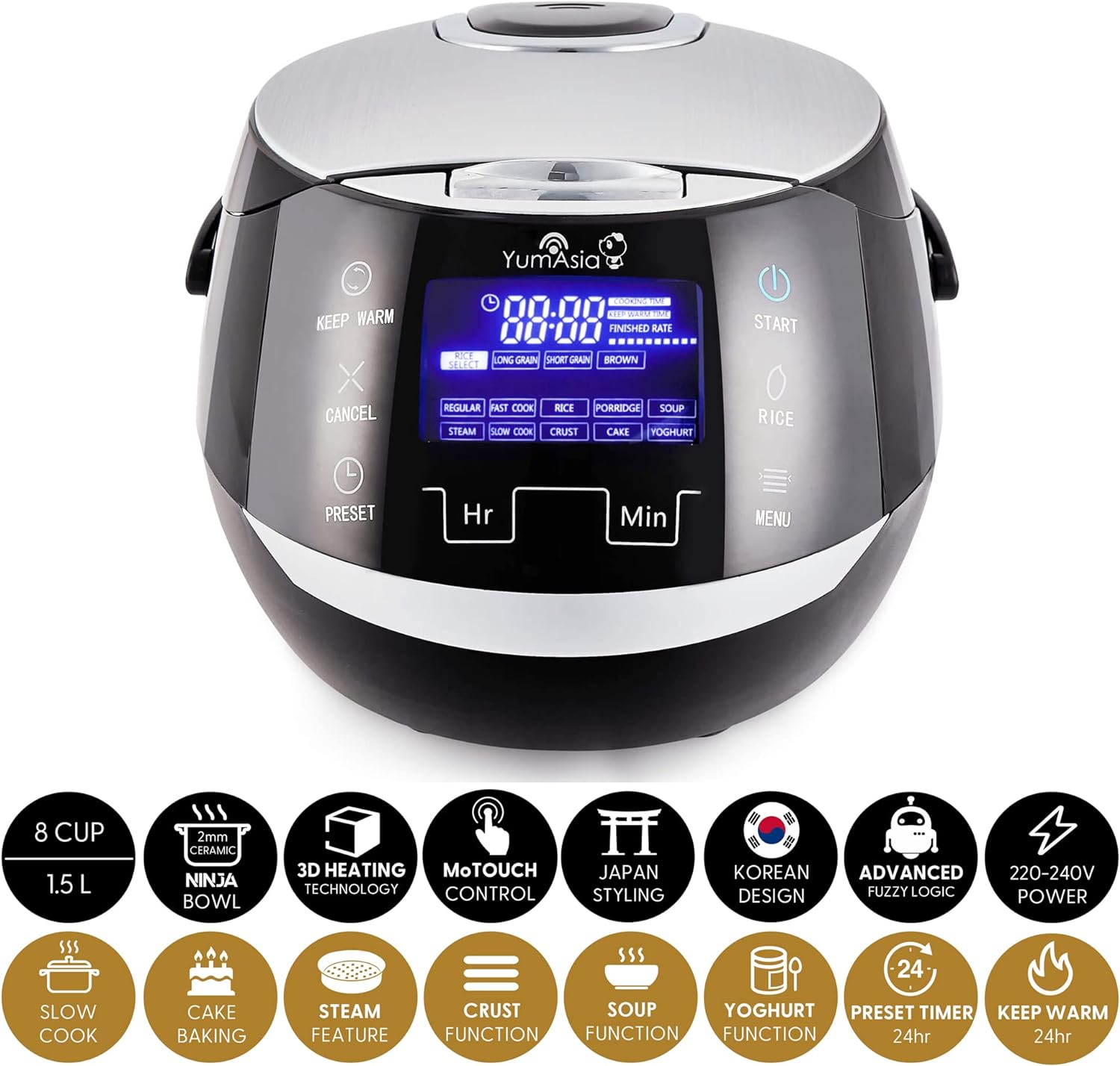 Yum Asia Sakura Rice Cooker with Ceramic Bowl and Advanced Fuzzy Logic (8 Cup, 1.5 Litre) 6 Rice Cook Functions, 6 Multicook Functions, Motouch LED Display, 220 - 240V UK/EU Power (Black and Silver) - Amazing Gadgets Outlet