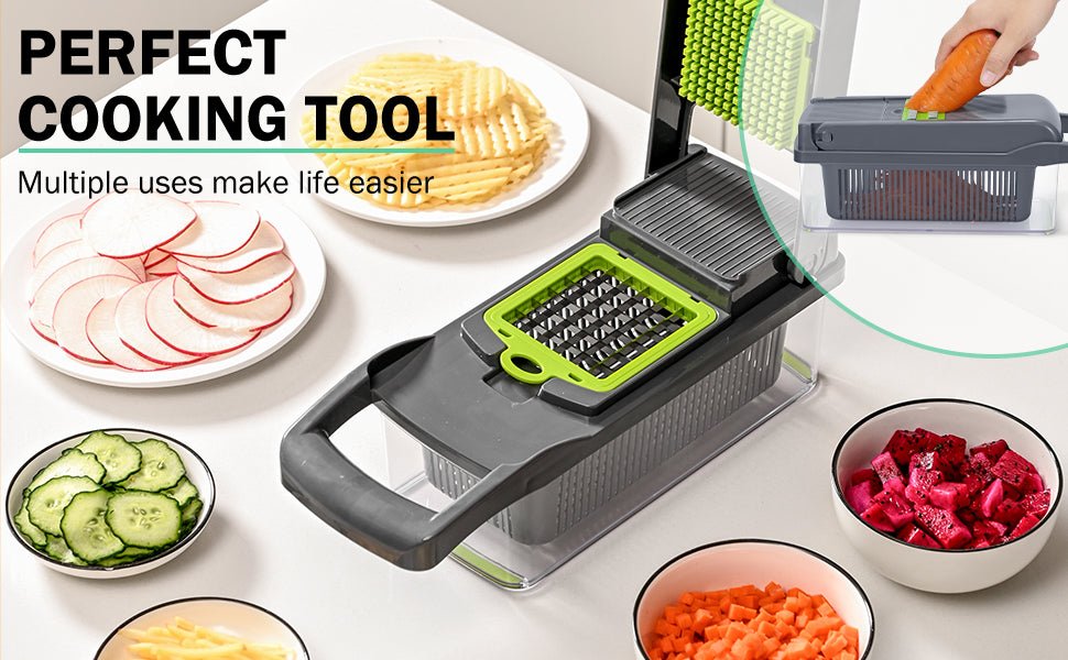 Z - TIISON Vegetable Chopper, Multifunctional Kitchen Mandoline Vegetable Slicer, Food Chopper, Mini Manual Julienne Grater Cutter for Onion Veg Garlic Carrot Potato Tomato Fruit Salad (Grey+Green) - Amazing Gadgets Outlet