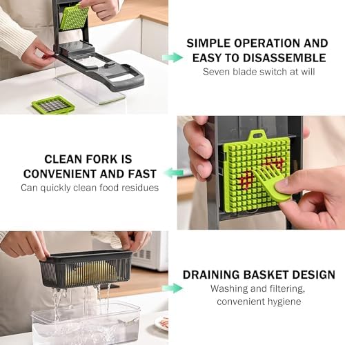 Z - TIISON Vegetable Chopper, Multifunctional Kitchen Mandoline Vegetable Slicer, Food Chopper, Mini Manual Julienne Grater Cutter for Onion Veg Garlic Carrot Potato Tomato Fruit Salad (Grey+Green) - Amazing Gadgets Outlet