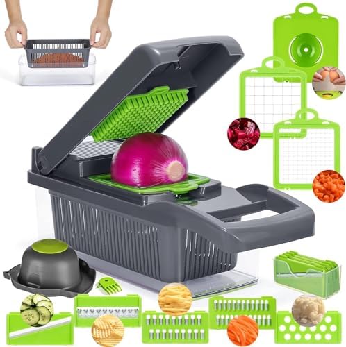 Z - TIISON Vegetable Chopper, Multifunctional Kitchen Mandoline Vegetable Slicer, Food Chopper, Mini Manual Julienne Grater Cutter for Onion Veg Garlic Carrot Potato Tomato Fruit Salad (Grey+Green) - Amazing Gadgets Outlet