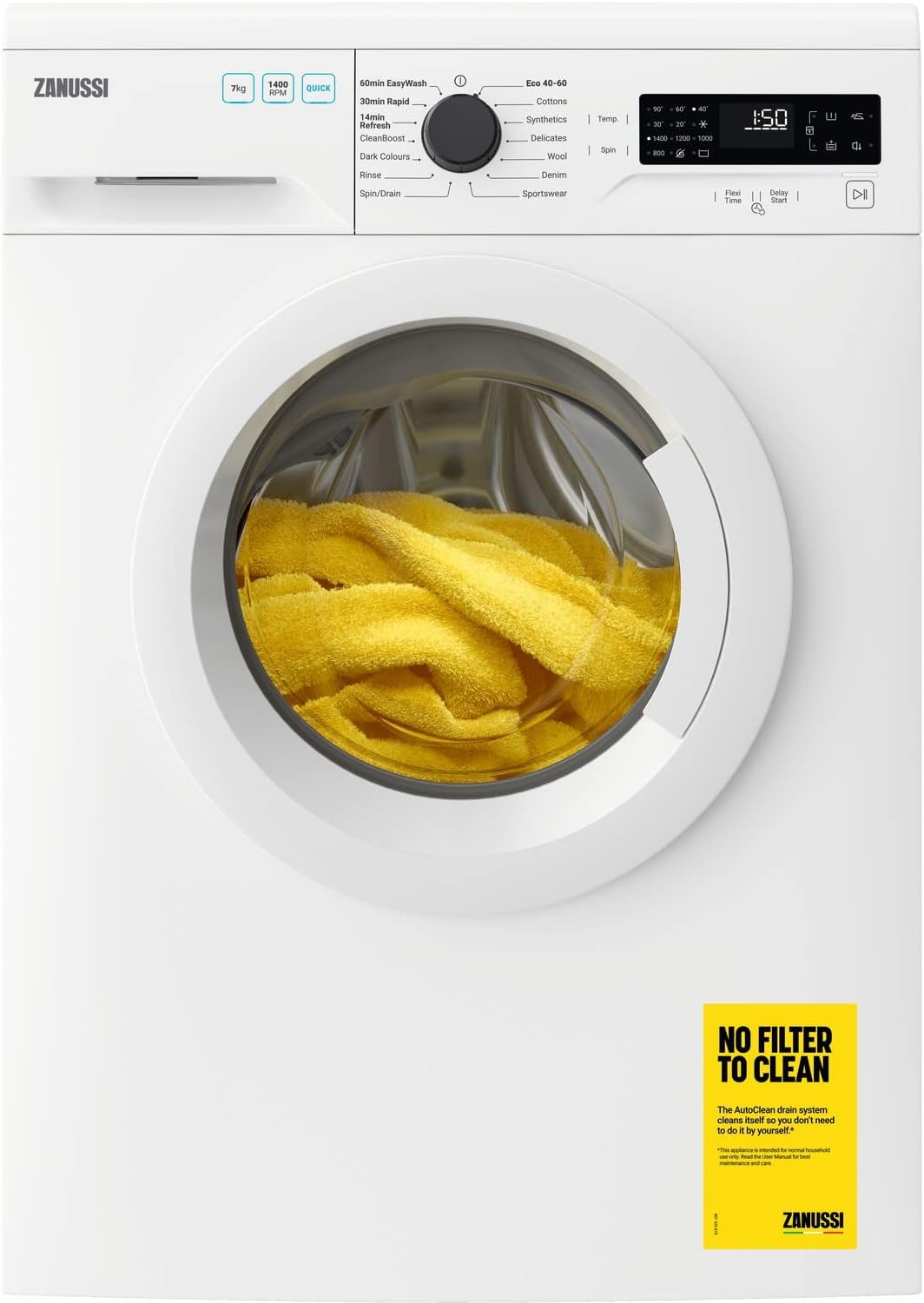 Zanussi ZWF942E3PW Washing Machine, 9 kg Load, 1400rpm Spin, AutoAdjust Function, Energy Saving Eco - Cycles, CleanBoost Steam Care, Quick Wash, FlexiTime, White - Amazing Gadgets Outlet