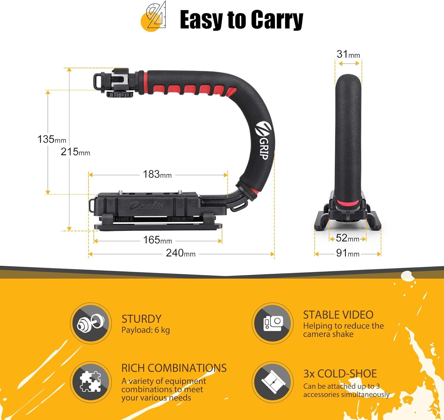 Zeadio Video Action Stabilizing Handle Grip Handheld Stabilizer with Hot - Shoe Mount for Canon Nikon Sony Panasonic Pentax Olympus DSLR Camera Camcorder - Amazing Gadgets Outlet