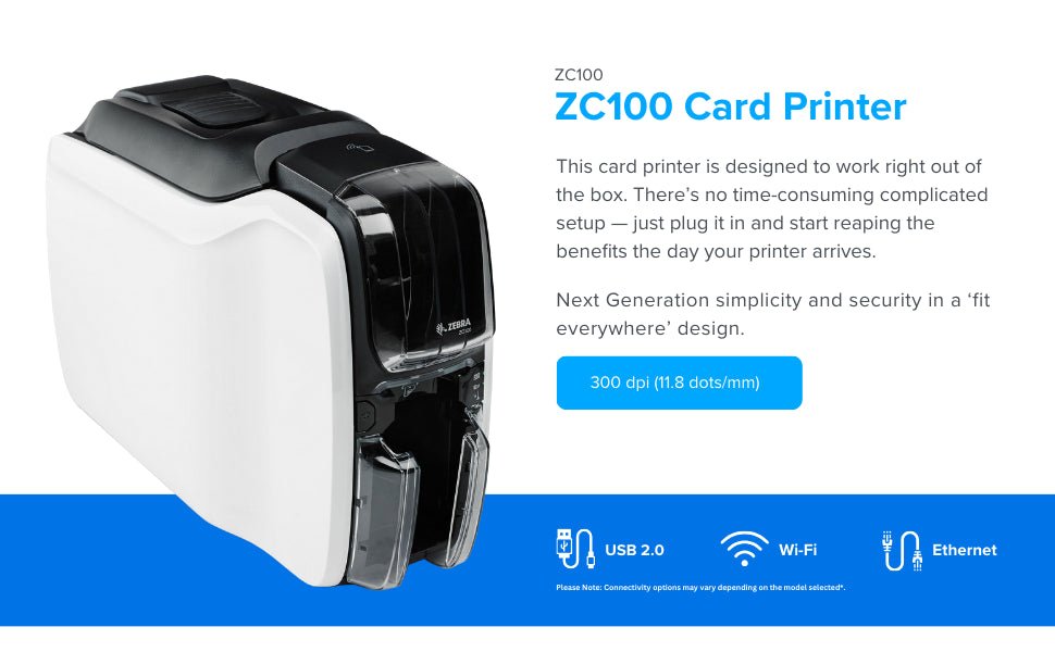 Zebra ZC100 - Single - Sided Card Printer - Fit Everywhere Design - USB Connectivity Only - Windows Driver - For Employee IDs, Membership Cards and More - Fast and Flexible Printing - Amazing Gadgets Outlet