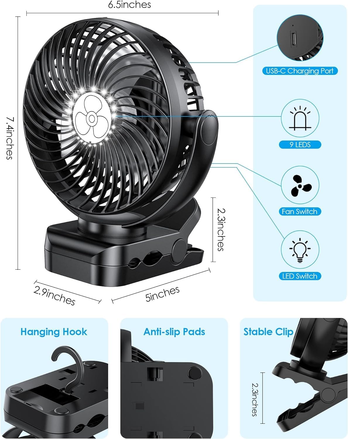 ZEBRE 5000mAh Desk Fan, USB Rechargeable Fan, 3 in 1 Table Fans with Hook, 3 - Speed Stroller fan 360° Rotation Pram Fan with LED Lights, Strong Airflow Travel Camping Fan for Home Office Outdoor - Amazing Gadgets Outlet