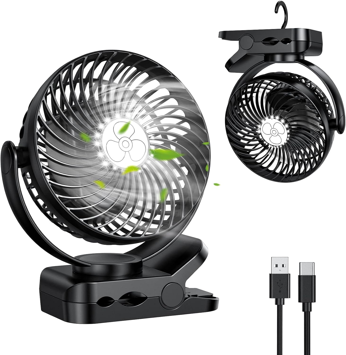 ZEBRE 5000mAh Desk Fan, USB Rechargeable Fan, 3 in 1 Table Fans with Hook, 3 - Speed Stroller fan 360° Rotation Pram Fan with LED Lights, Strong Airflow Travel Camping Fan for Home Office Outdoor - Amazing Gadgets Outlet