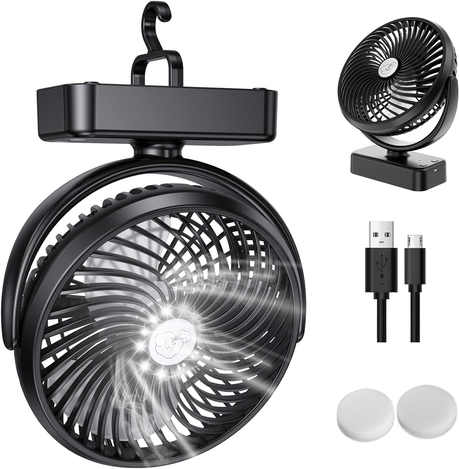 ZEBRE 5000mAh Desk Fan, USB Rechargeable Fan, 3 in 1 Table Fans with Hook, 3 - Speed Stroller fan 360° Rotation Pram Fan with LED Lights, Strong Airflow Travel Camping Fan for Home Office Outdoor - Amazing Gadgets Outlet