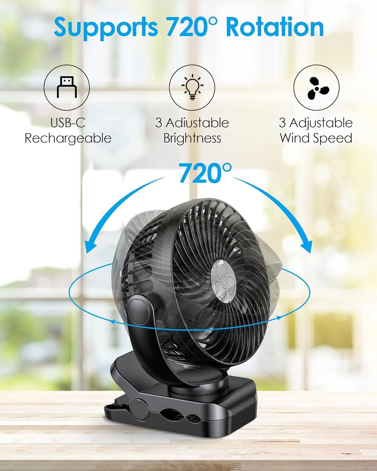 ZEBRE 5000mAh Desk Fan, USB Rechargeable Fan, 3 in 1 Table Fans with Hook, 3 - Speed Stroller fan 360° Rotation Pram Fan with LED Lights, Strong Airflow Travel Camping Fan for Home Office Outdoor - Amazing Gadgets Outlet