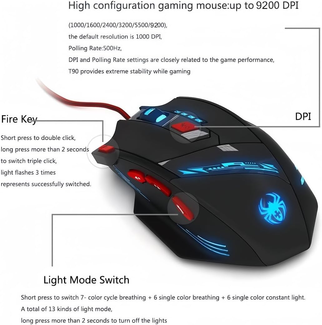 zelotes T90 Gaming Mouse 9200 DPI, 8 Programmable Buttons Multi - Modes LED lights USB Gaming Mice, Weight Tuning for Laptop, Desktop, PC, Macbook - Black - Amazing Gadgets Outlet