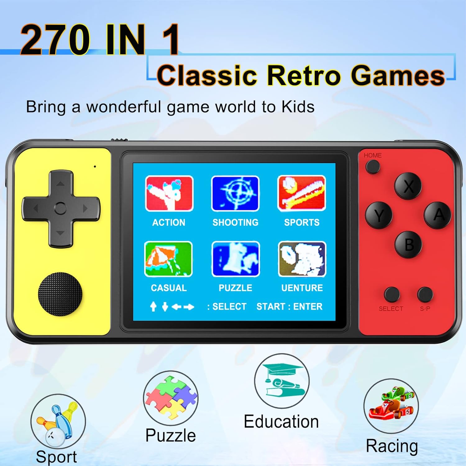 ZHISHAN Handheld Game Console for Kids with 3.0" Screen Gamepad AV Output Built in 270 Classic Retro Video Games Portable Gaming Player Toy for Kids Birthday (Black Yellow) - Amazing Gadgets Outlet