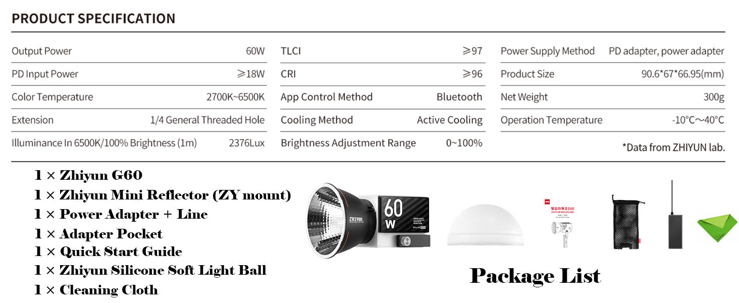 Zhiyun Molus G60 60W LED Video Light CCT 2700K~6500K, CRI?96 TLCI?97 ZY Mount Manual and App Control Continuous Lighting for Photography, Studio Video Lighting, YouTube, Vlog, Live Stream, etc - Amazing Gadgets Outlet