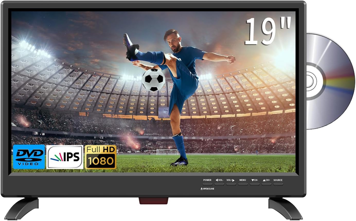 ZOSHING TV 19inch,TV with dvd player/T2 Freeview channels,Full HD IPS 1080P screen with HDMI and USB port,12v car cable/AC powered for RV,Bedroom,Campervan(UK - 2023) - Amazing Gadgets Outlet
